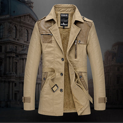 Men's Long Insulated Trench Coat with Waist Belt