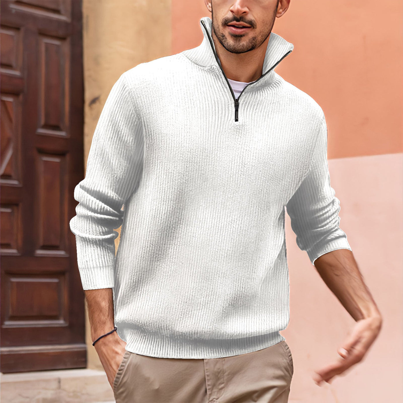 Men's Versatile Ribbed Zip-Up Sweater