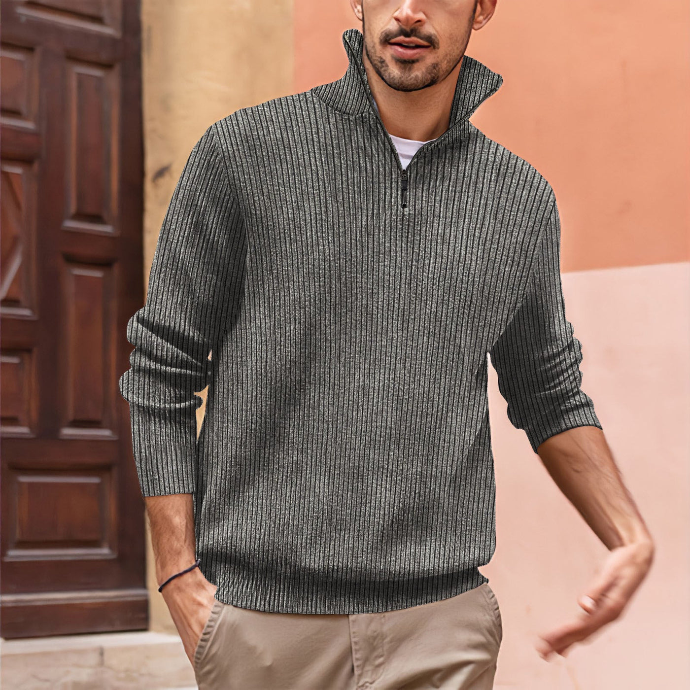 Men's Versatile Ribbed Zip-Up Sweater