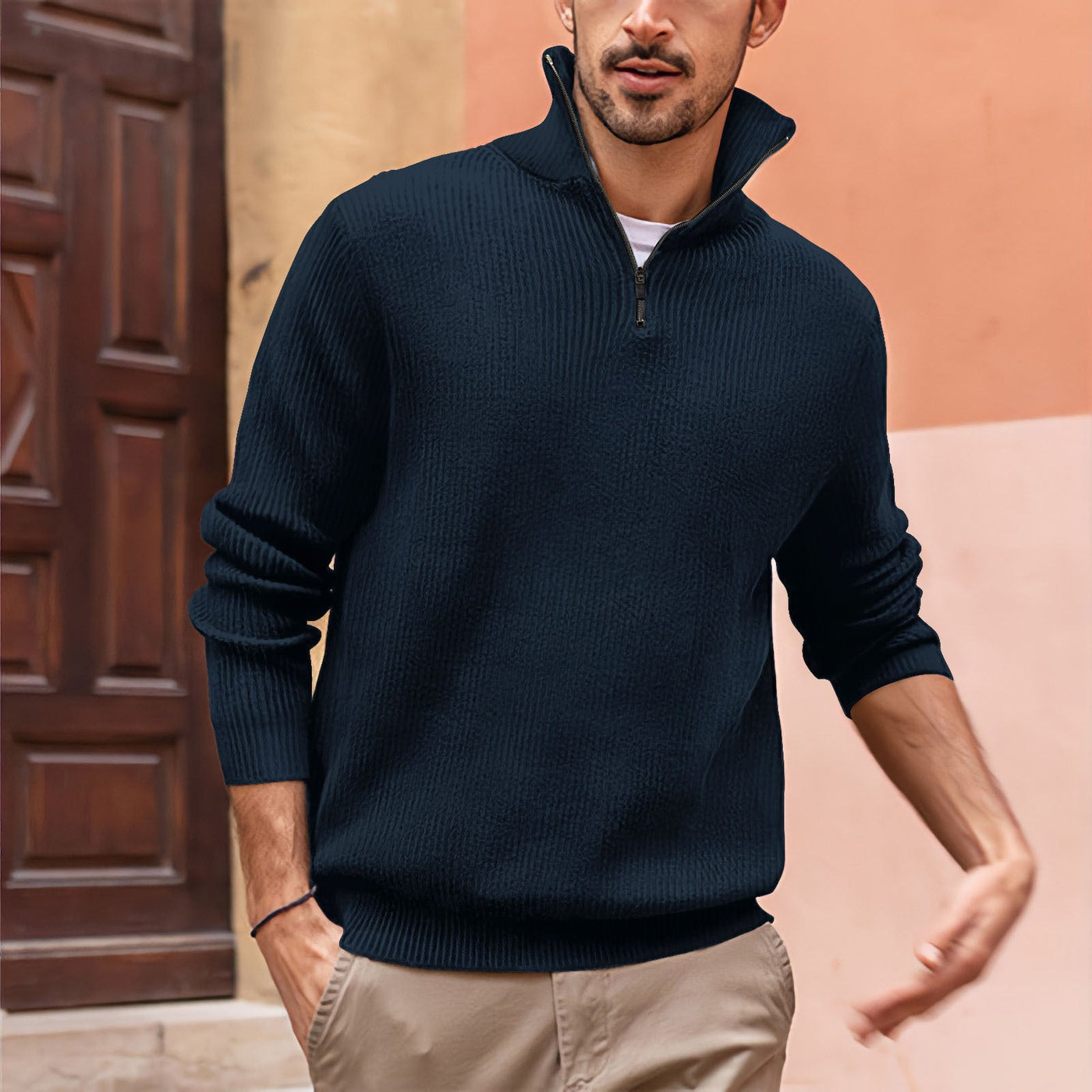 Men's Versatile Ribbed Zip-Up Sweater