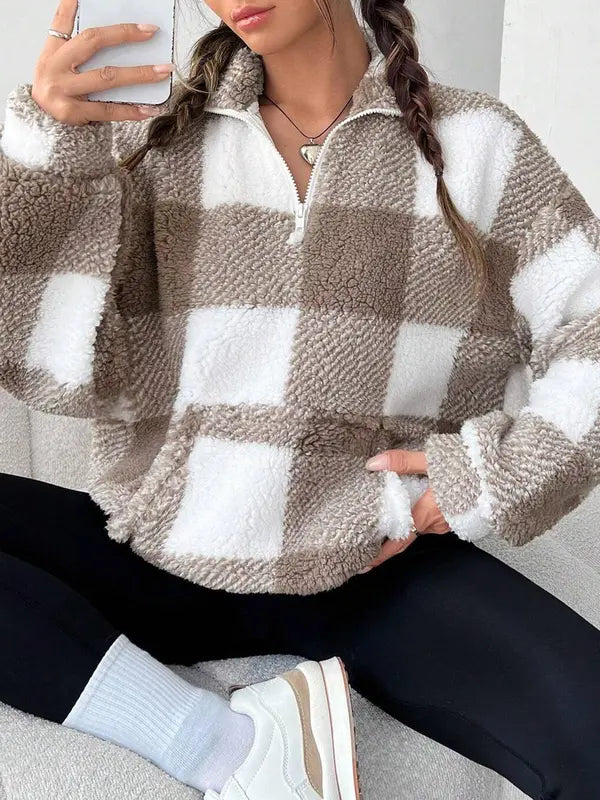 MALDA™ - Chic Plaid Print Half Zip Long Sleeve Sweater