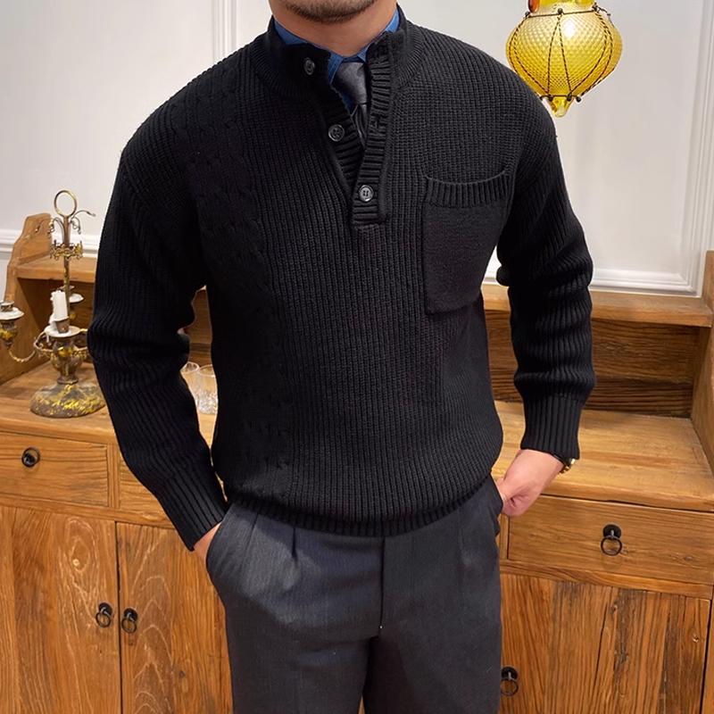 Men's Half High Collar Buttons Collar Breast Pocket Solid Knit Sweater