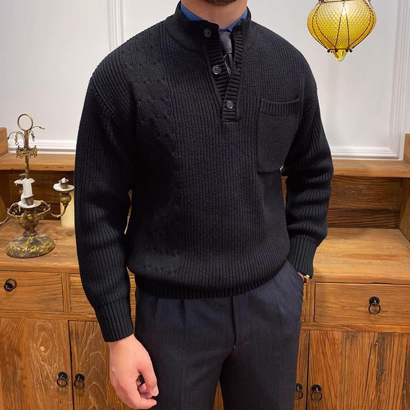 Men's Half High Collar Buttons Collar Breast Pocket Solid Knit Sweater