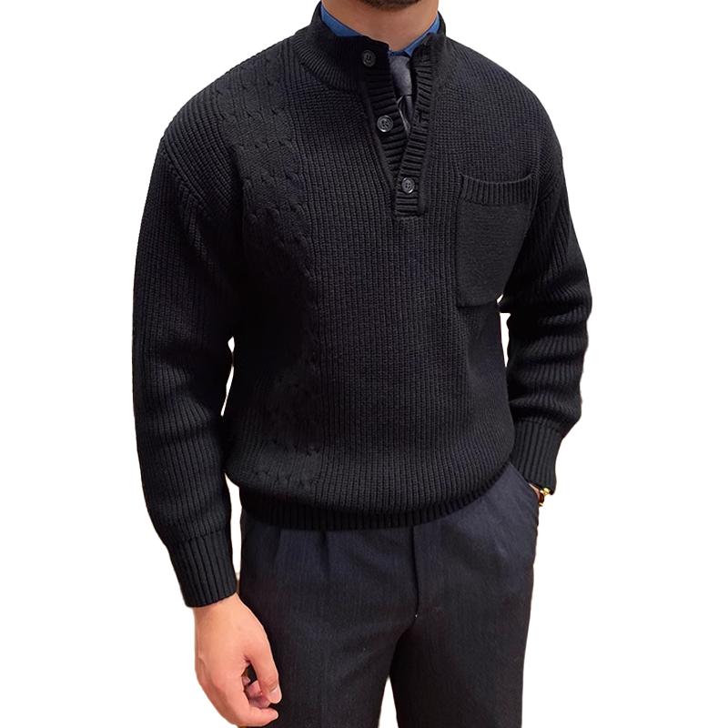 Men's Half High Collar Buttons Collar Breast Pocket Solid Knit Sweater