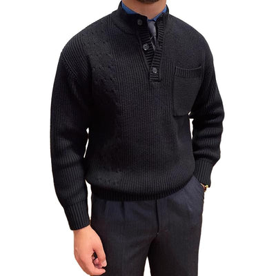 Men's Half High Collar Buttons Collar Breast Pocket Solid Knit Sweater